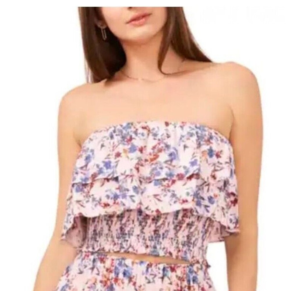 1.STATE Nordstrom Strapless Ruffle Floral Crop Smocked Top S Pink Multi NEW B37